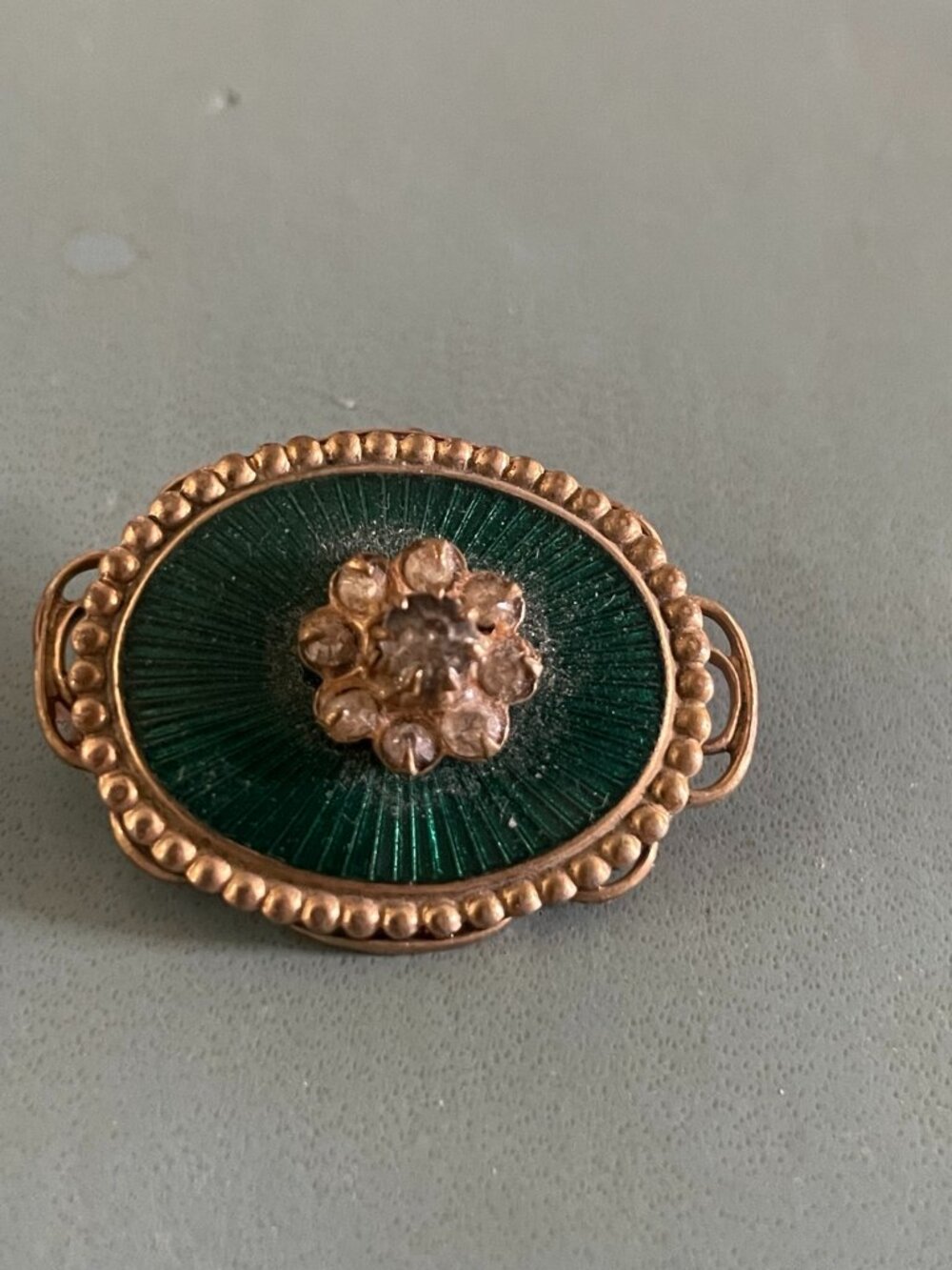 Vintage Green Guilloché Style Enamel Rhinestone Brooch